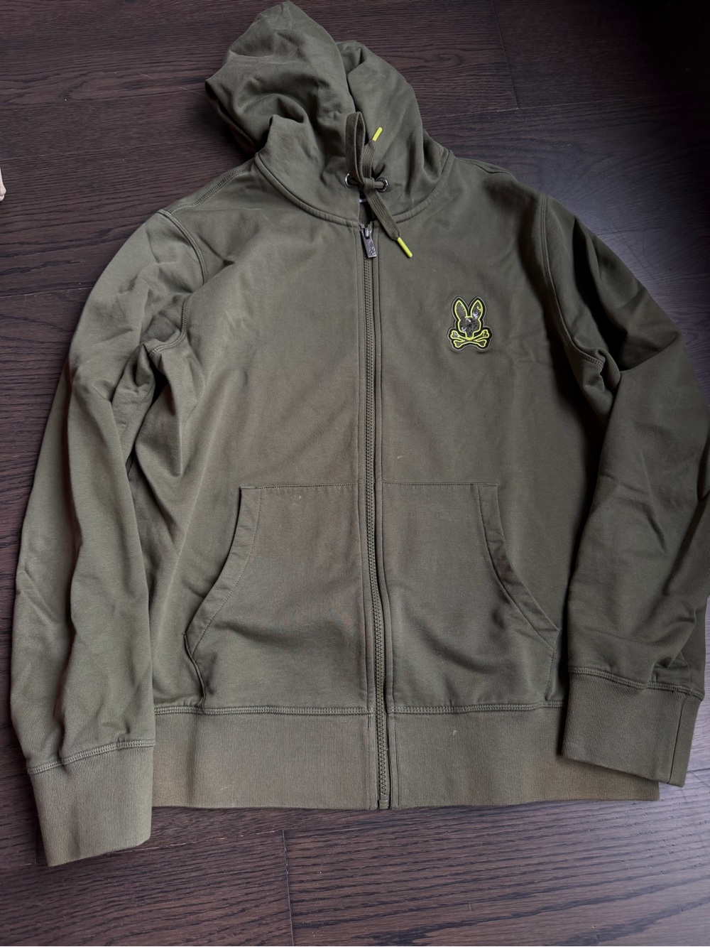 Psycho Bunny Olive Green Full-Zip Hoodie with Neon Accent